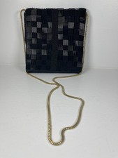Vtg 60s Walborg Hong Kong Black Beaded Cocktail Evening Formal Purse Gold Strap