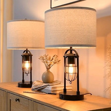 Set of 2 Table Lamps with USB Ports and Night Light Farmhouse Nightstand Lamp fo