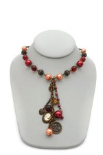 Vintage Necklace Brass Tone Red Bead Cameo Angel 18"