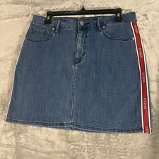 GUESS Denim Mini Skirt Medium Wash 31 Waist Sporty Red Logo Retro Side Tape Y2K