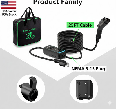 MUSTOP Level 1 EV Charger 15A 110V 25ft J1772 Portable Electric Car Charger NEMA