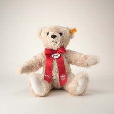 Steiff FAO Schwarz Teddy Bear 11" Tan Plush Red Ribbon Button Ear Tag 2015