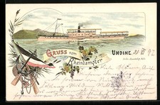 Lithographie Rheindampfer Overstolz auf Ausflugsfahrt auf dem Rhein 1897 
