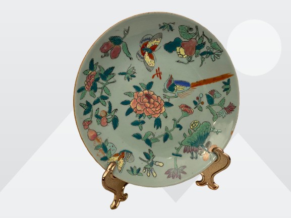 Antique Celadon Chinese Qing Dynasty Hand Painted Famille Rose Bird Glaze Plate