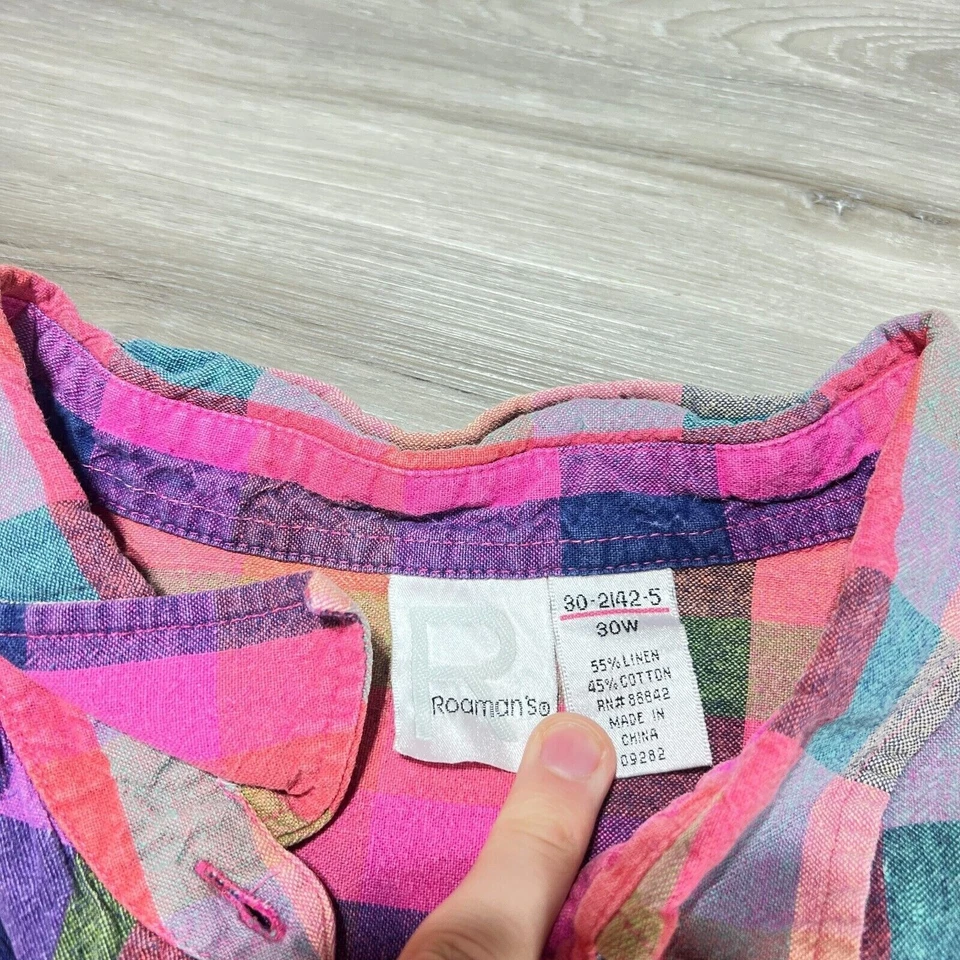 Camisa Roamans Mujer Plus 30W Rosa Cuadros Mezcla de Lino Playa Viaje Blusa Boho Foto 4 de 4