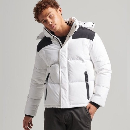 New Superdry Mens Mountain Sport Hooded Box Quilt Puffer Jacket White Black 2XL - Picture 1 of 14