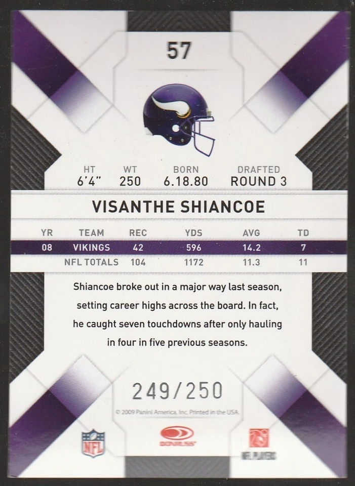 2009 Donruss Threads Century Proof Silver #57 Visanthe Shiancoe /250 VIKINGS - Image 2 of 2