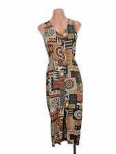 VINTAGE La Belle Dress 3 Geometric ART TO WEAR Brown Boho Hippie AOP 90s