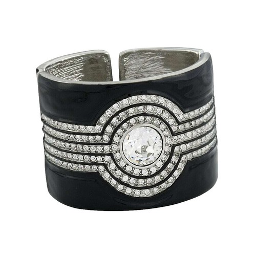 Jean Perret Geneve Enameled Watch Bracelet Black Floral Silver Tone Cuff Vintage Jean Perret Geneve Enameled Watch Bracelet Black Floral  main image 4