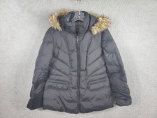 London Fog Down Parka Jacket Womens M Blue Quilted Puffer Hooded Faux Fur