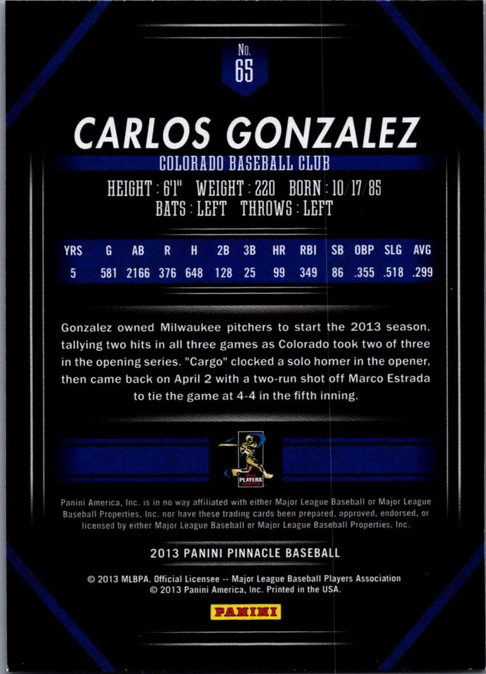 2013 Pinnacle #65 Carlos Gonzalez Colorado Rockies - Image 2 of 2