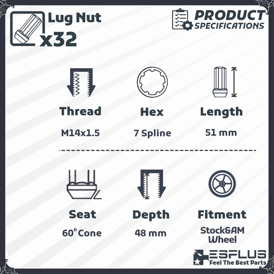 Tuerca estriada 32 piezas negra M14x1.5 2" + llave apta para camioneta Chevy 8 tacos K2500/K3500 Foto 2 de 4