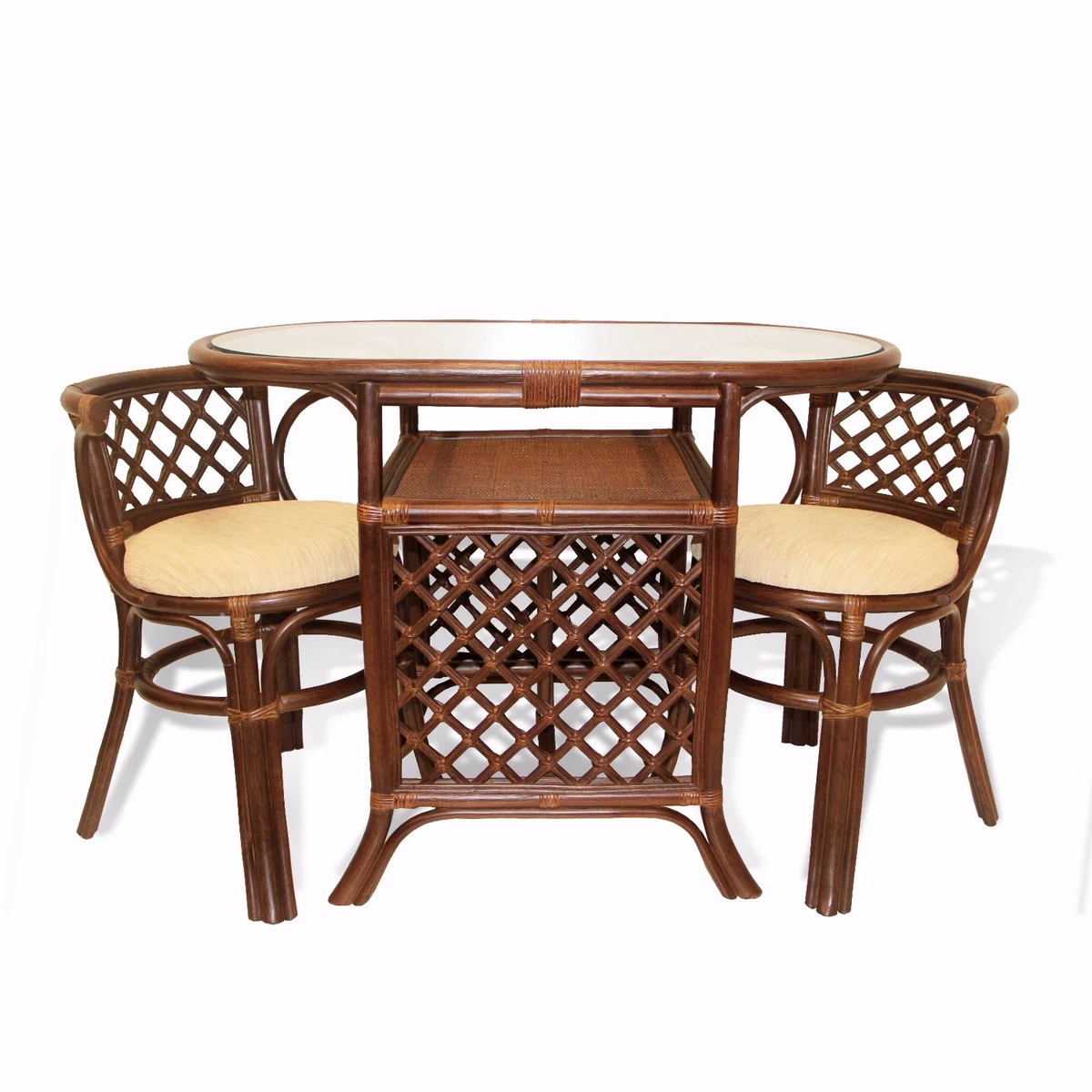 Dining Borneo Set of Oval Table w Glass Top 2 Chairs Natural Rattan Dark Brown