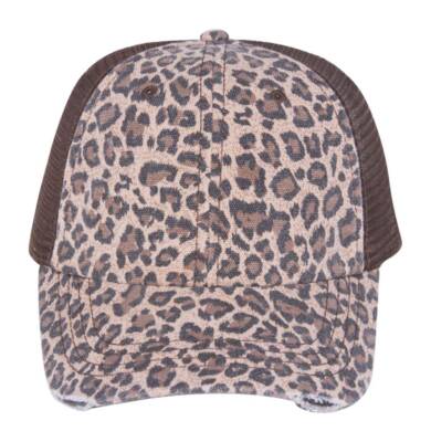Low Profile Canvas Leopard Print Mesh Trucker Cap , Brown