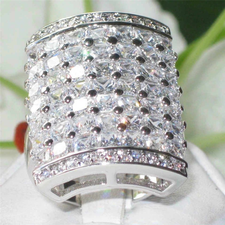 Ladies cocktail ring princess cut statement rhodium silver cz sparkling 7X116 - Image 2 of 4