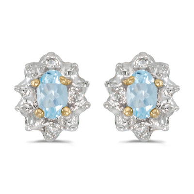 Ohrringe 14 Karat Gelbgold ovaler Aquamarin und Diamant