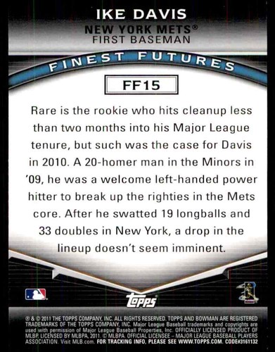 2011 Bowman Finest Futures Ike Davis New York Mets #FF15 - Picture 2 of 2