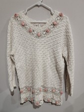 Shenanigans Hand Knitted Long Sleeve Sweater Crocheted Rose Cottagecore M Vtg