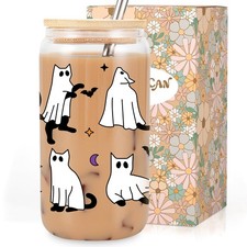 Halloween Cat Ghost Glass Cup, Fall Boo Basket Stuffers, Spooky Cups