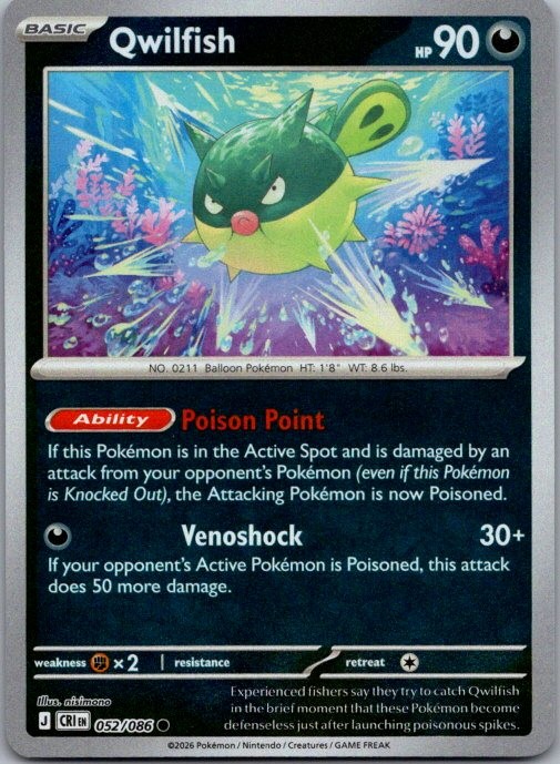 Qwilfish 052/086 Common Chaos Rising Pokemon Reverse Holo Near Mint