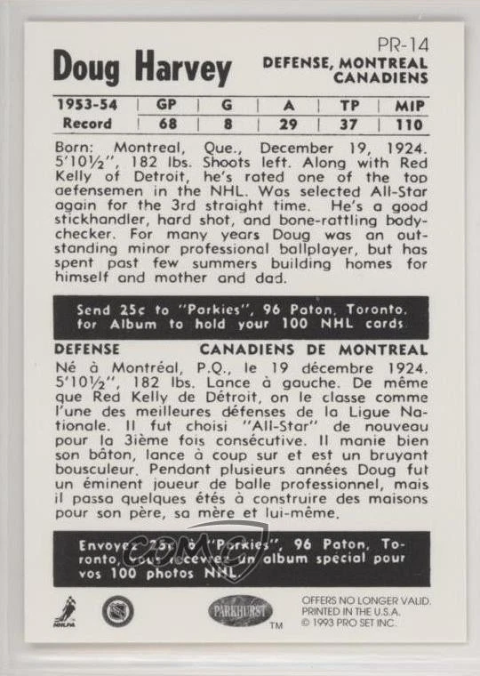 1992-93 Parkhurst Parkie Reprints Doug Harvey #PR-14 HOF - Image 2 of 2