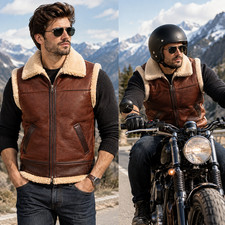 Men  s Brown Genuine Leather Shearling Bomber Vest Fur Lined Aviator Waistcoat