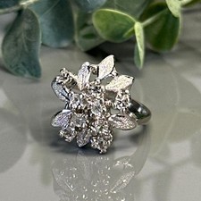 White Crystal with Sterling Silver Leaves Cluster Ring Ring - Vintage - Size 7