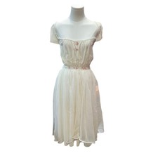 Vintage Sheer White Embroidered Floral Empire Midi Dress Cottagecore Ballet M