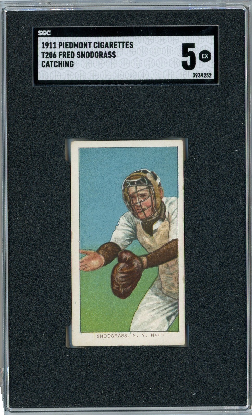 T206 1911 FRED SNODGRASS CATCHING - NEW YORK PIEDMONT 350-460 BACK SGC 5