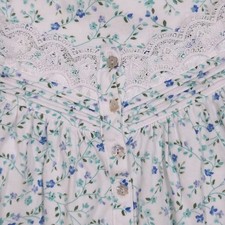 Eileen West Nightgown Cotton Flannel Blue Ditsy Floral Lace Trim Long Sleeve L