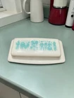 Vintage Pyrex Turquoise Butter Print Amish Covered Butter Dish   Mint Condition