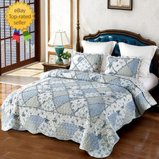 Oversized King Size Blue Floral Plaid Patchwork Quilt Set 128X120 Extra Wide Sup
