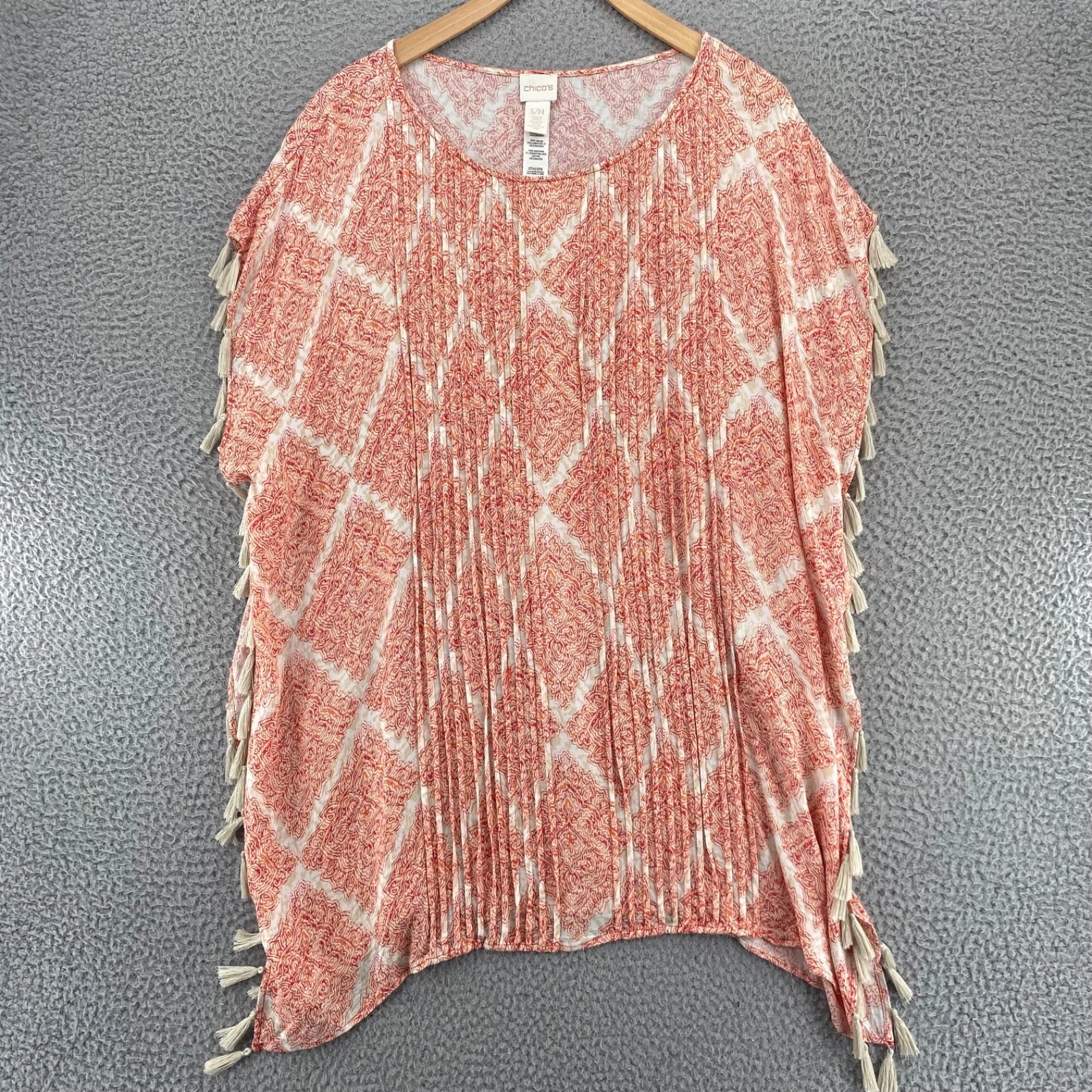 Chicos Top Womens Small Orange Batik Crinkle Poncho Tasseled Slit Tunic Pleated