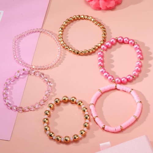 Pulseras elásticas apilables Bohemias rosa con cuentas para mujer 6 piezas Boho M - Imagen 3 de 6