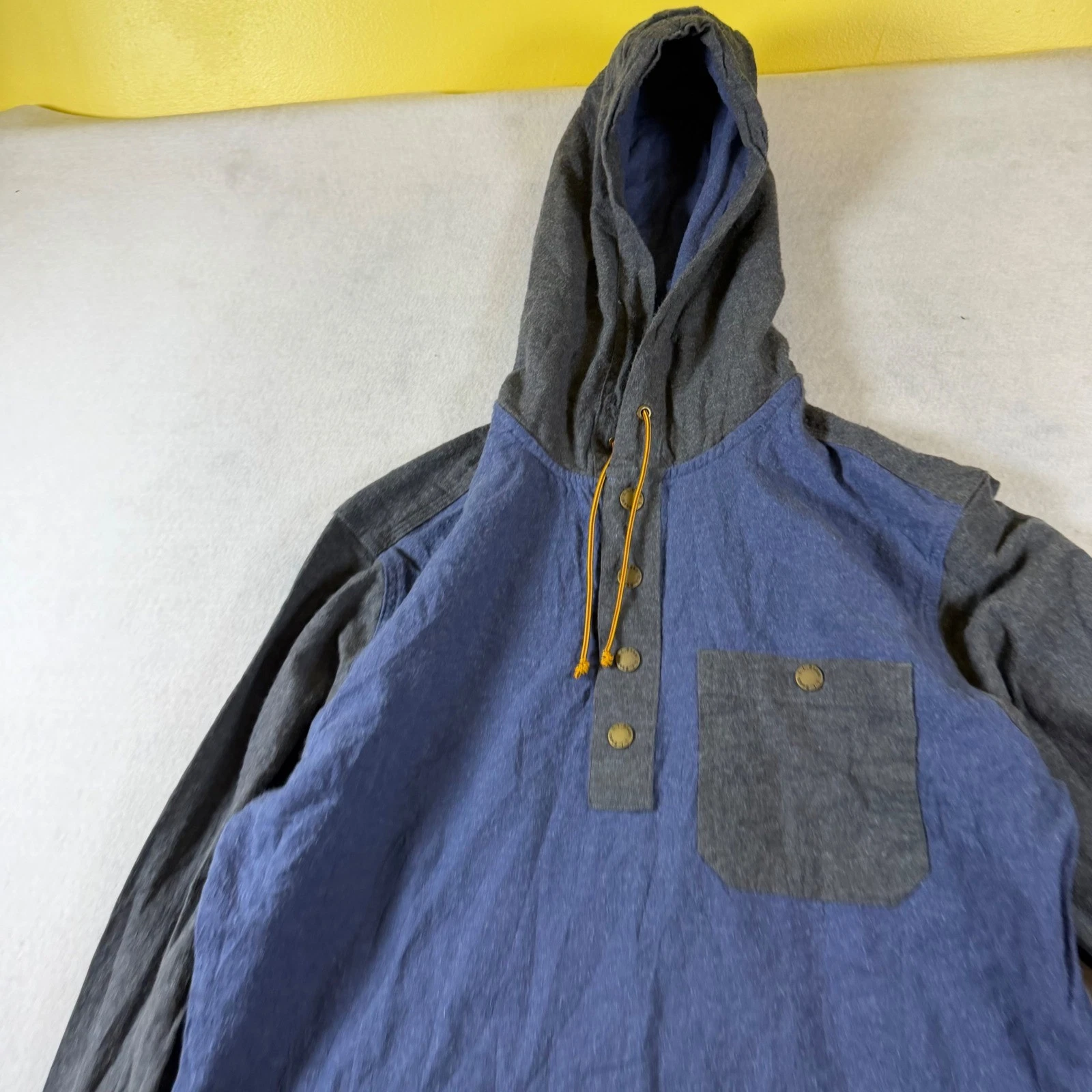 LL Bean Mens Traditional Fit Colorblock Cotton Henley Hoodie Blue Grey 519248 S