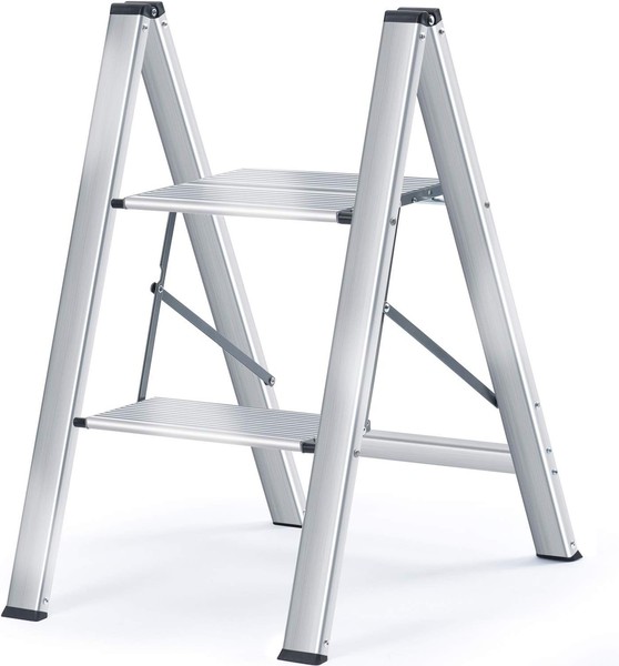 Kingrack Stufenleiter 2 Stufen Aluminium Klappbar Handlauf Rutschfest Silber-image