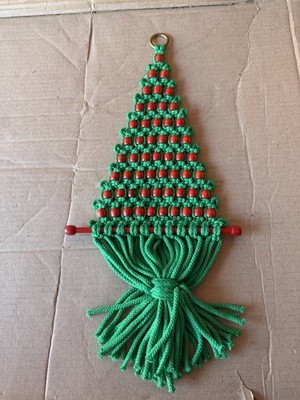 Vintage Macrame Christmas Tree Wall Hanging Red Wooden Beads Handmade MCM