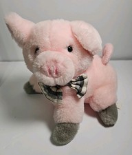 Pig Eden Musical WindUp Plush Pig Pink Gray Plaid BowTie Plays Rare Vintage Toy