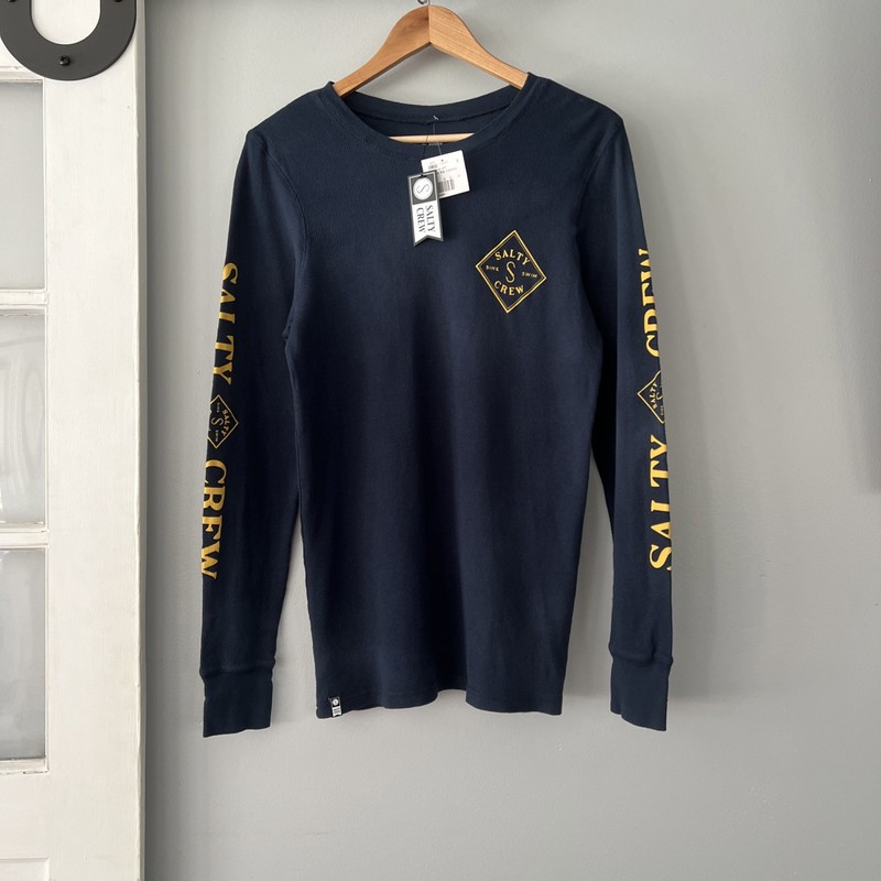 NWT Salty Crew Tippet Men’s S Yellow Sink Swim Logo Print Navy LS Thermal Shirt