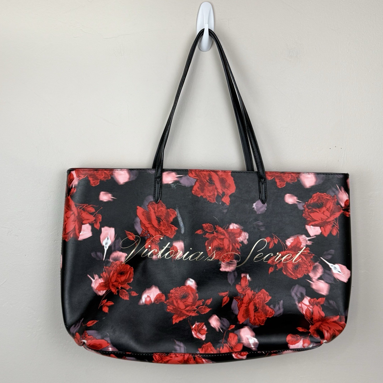 Victoria's Secret Tote Bag Womens Large Black Red Floral Rose PVC Shopper Purse