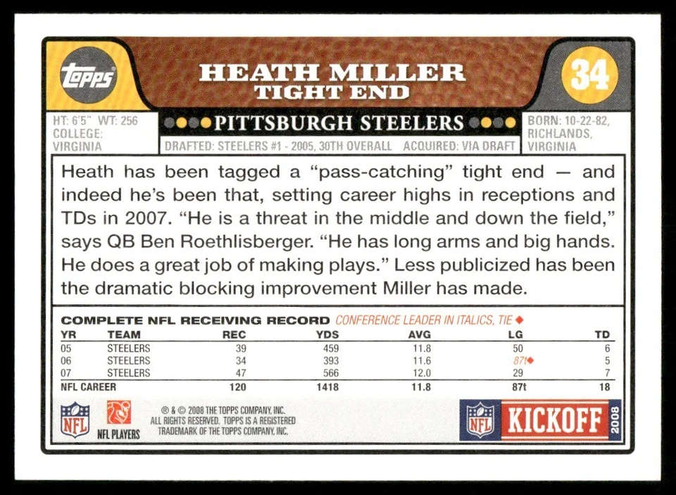 2008 Topps Kickoff Heath Miller Pittsburgh Steelers #34 - Image 2 of 2