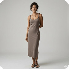 Reformation Twisted Strap Organic Cotton Midi Dress Size L Taupe Bodycon