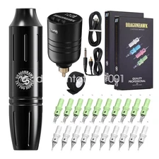 Dragonhawk Wireless Tattoo Kit Rotary Motor Pen Machine Battery Cartridge Needle