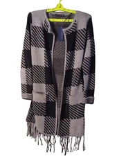 Adrienne Vittadini Jacquard With Fringe And Pockets Cardigan Sz Small Grey Plaid