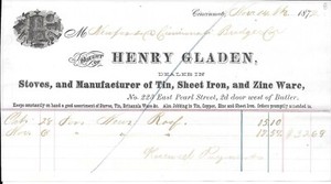 Premium Billhead Henry Gladen, Stoves, Sheet Iron, BH045 Cincinnati, OH, 1872