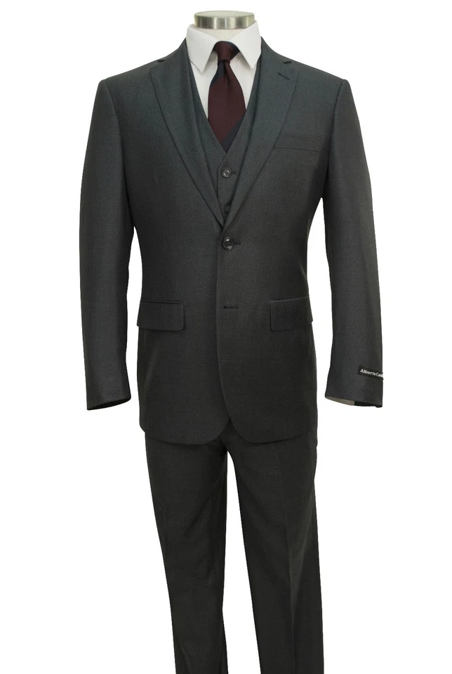 Men's Charcoal Gray Textured 3pc 2 Button Slim-Fit Suit w/ Matching Vest NEW  - Image 2 of 4