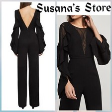 NWT BCBG MAXAZRIA SIZE 6 HALEN LACE-INSERT V-BACK RUFFLE BELL SLEEVE JUMPSUIT