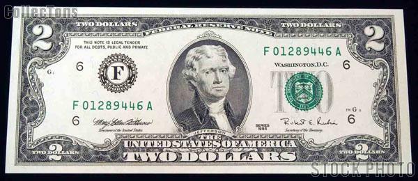 Two Dollar Bill Green Seal FRN Series 1995 US Currency CU Crisp 