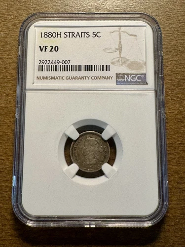 STRAITS SETTLEMENTS 1880-H 5 Cents NGC VF-20 Heaton Mint Scarce Only 90k Minted