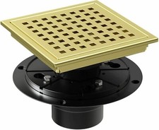 6 inch Gold Square Shower Floor Drain with Flange Quadrato Pattern Grate